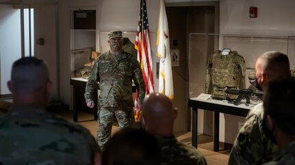 Master Sgt. Donald Siltman thanks his colleagues, family members and friends during a re-enlistment ceremony Aug. 20 at the Illinois State Military Museum at Camp Lincoln in Springfield, Illinois.