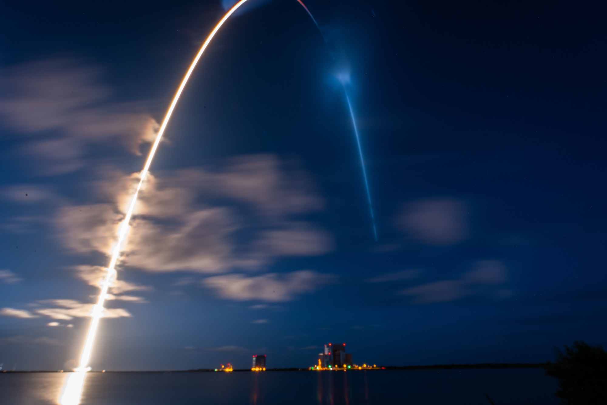 A Falcon 9 rocket launches Inspiration4 toward space Sept. 15, 2021, at Kennedy Space Center, Florida. Four private citizens were transported into orbit inside Space-X’s Dragon Resilience capsule. The crew, which is the first to be made up exclusively by private citizens, will orbit the Earth for three days. (U.S. Space Force photo by Airman 1st Class Thomas Sjoberg)