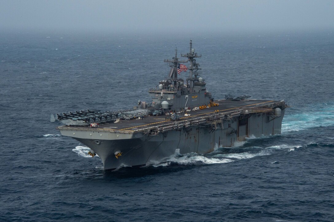 ARABIAN SEA (September 13, 2021) Amphibious assault ship USS Essex (LHD 2) transits the Arabian Sea, Sept. 13. The Essex Amphibious Ready Group (ARG) is deployed to the U.S. 5th Fleet area of operations to ensure maritime stability and security in the Central Region, connecting the Mediterranean and the Pacific through the western Indian Ocean and three strategic choke points. (U.S. Navy photo by Mass Communication Specialist 2nd Class Brett McMinoway)