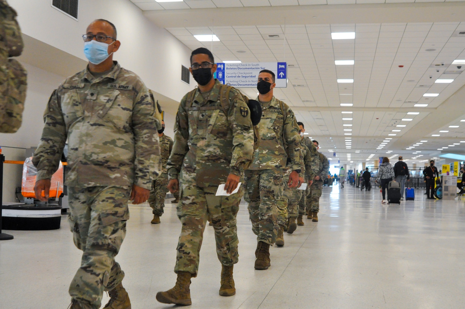 Members of the Puerto Rico National Guard, 190th Engineering Battalion, head to Louisiana Sept. 16, 2021, to assist with Hurricane Ida recovery efforts. The PRNG sent 43 engineers to help assess damage to Louisiana bridges and roads in the aftermath of the storm.