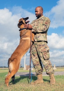 U.S. Air Force Senior Airman Taylor Bryant, 902nd Security Forces Squadron military working dog handler, praises his MWD after completing obedience commands