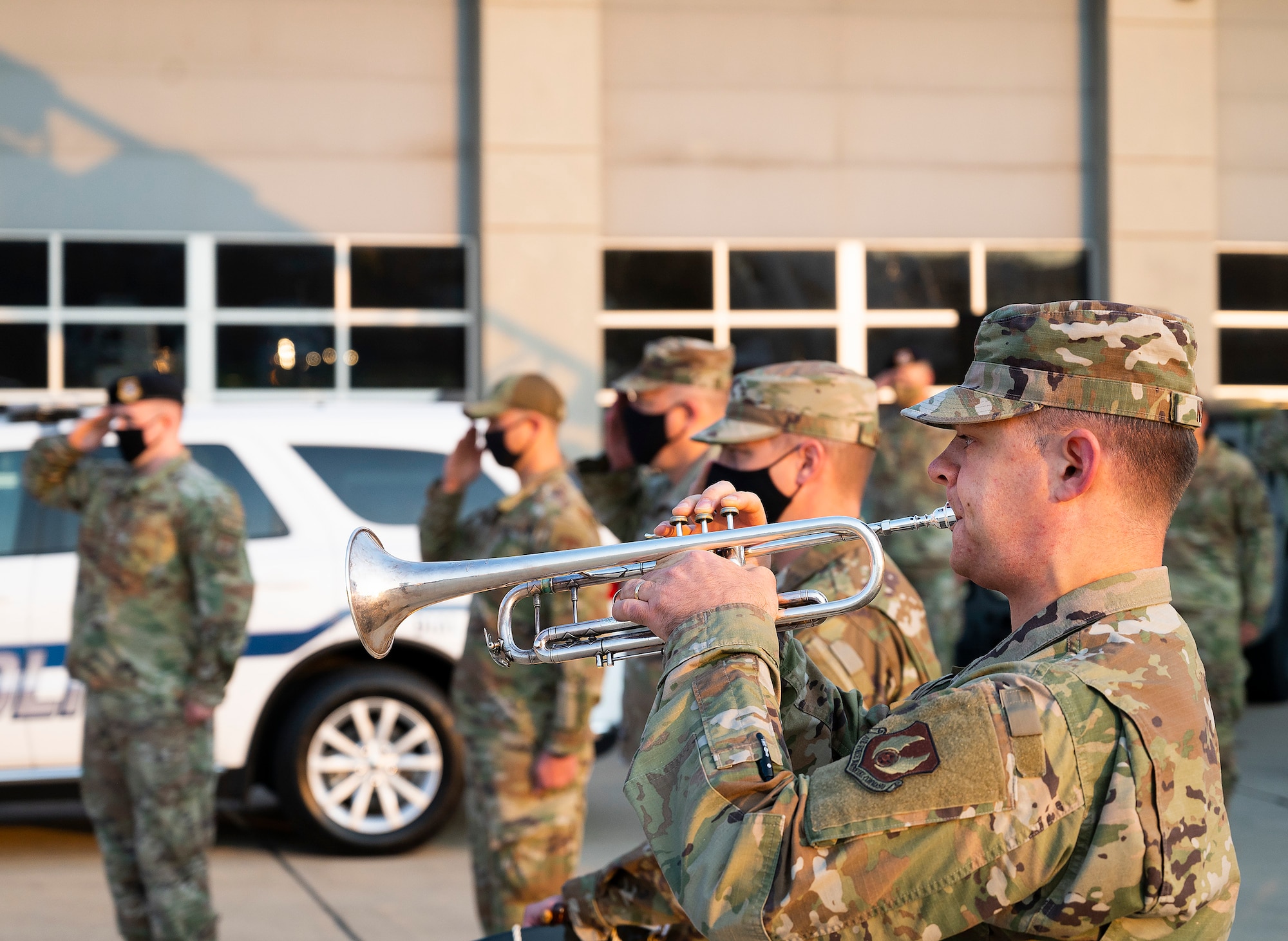 Airman 1st Class James Nufer, Air Force Band of Flight, plays taps Sept. 10, 2021, during the Wright-Patterson Air Force Base, Ohio, ceremony commemorating the 20th anniversary of the 9/11 attacks. COVID-19 restrictions limited the number of event attendees, but it was later streamed for those who wanted to see it. (U.S. Air Force photo by R.J. Oriez)