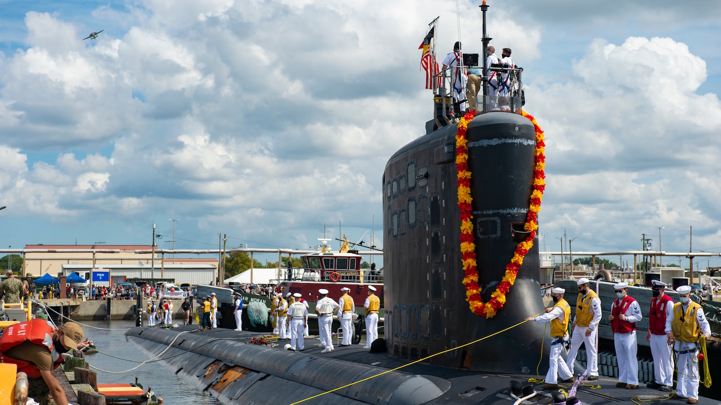 The Virginia-class fast-attack submarine USS New Mexico (SSN 779) returns to its homeport at Naval Station Norfolk, Sept. 15, 2021.
