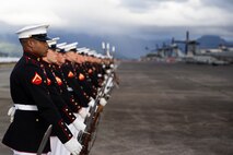 Marines with the Silent Drill Platoon execute their “long line” sequence on the flight line at Marine Corps Base Hawaii, Sept. 10, 2021.