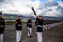 Marines with the Silent Drill Platoon execute their “rifle inspection” sequence on the flight line at Marine Corps Base Hawaii, Sept. 10, 2021.