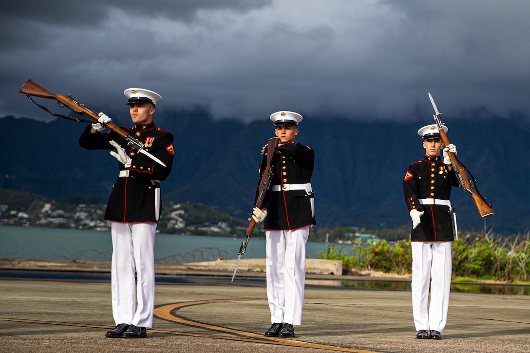 Marines with the Silent Drill Platoon execute their “long line” sequence on the flight line at Marine Corps Base Hawaii, Sept. 10, 2021. The platoon traveled to MCB Hawaii to perform during the Patriot’s Day Remembrance Ceremony on Sept. 11, 2021. (U.S. Marine Corps photo by Lance Cpl. Tanner D. Lambert)