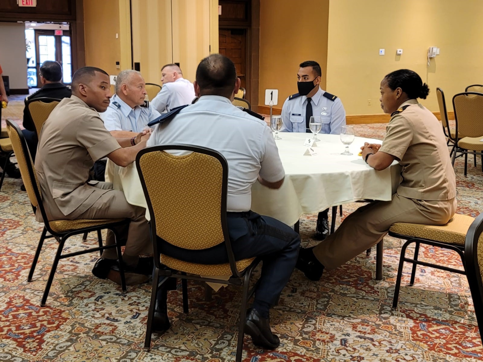 LEAP Scholar 2nd Lt. Armando Colorado provided Spanish language support by interpreting between the Jamaican Air Chief (right) and the Guatemalan Air Chief (second from the left) at the 2021 Central American Air Chiefs Conference.