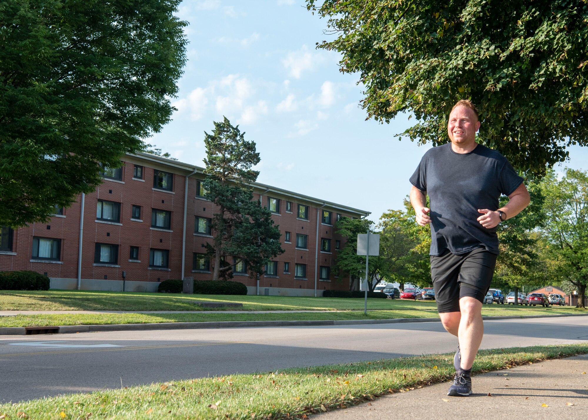A sprint triathlon competitor participates in the 5K run on Wright-Patterson Air Force Base, Ohio, Sept. 11. Participants completed a 750-yard swim, 20K bike ride and a 5K run. (U.S. Air Force photo by Staff Sgt. Mikaley Kline)