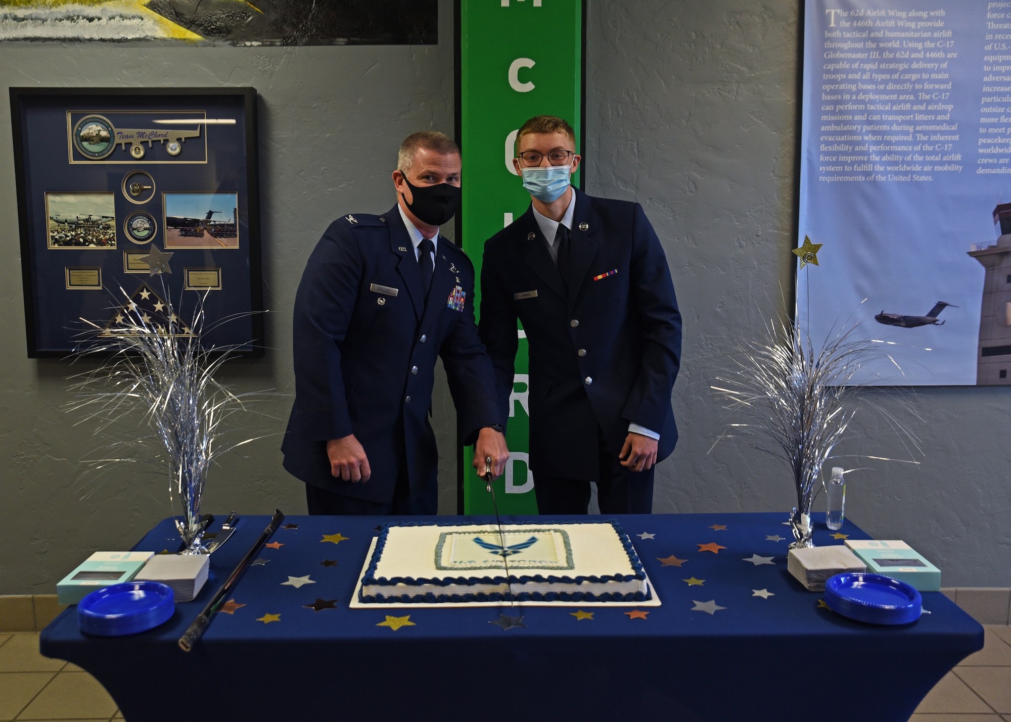 U.S. Air Force Col. Brian Collins, 62nd Airlift Wing vice commander, and Airman Basic Jacob Johns, cargo processor with the 62nd Aerial Port Squadron and youngest Airman with Team McChord, cut the cake as part of Air Force’s 74th birthday celebration at Joint Base Lewis-McChord, Washington, Sept. 16, 2021. The Air Force is celebrating 74 years of incredible history, hardworking Airmen and a dedication to the mission; to fly, fight, and win … airpower anytime, anywhere. (U.S. Air Force photo by Senior Airman Zoe Thacker)