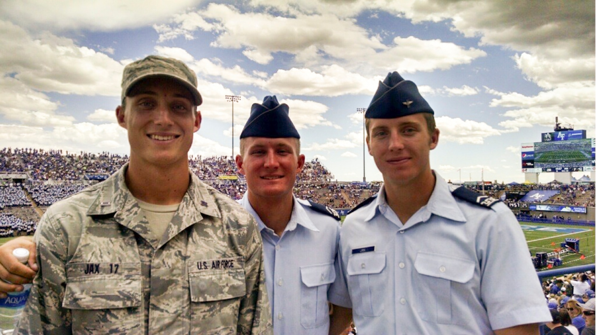 (from left to right) Cadet Griffin Jax, stands with his brothers, Cadets Carson and Parker Jax, during his senior year at the Air Force Academy in 2017. Now a captain in the Air Force,