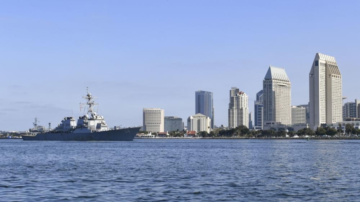SAN DIEGO (September 16, 2021) - The Arleigh Burke-class guided-missile destroyer USS Curtis Wilbur (DDG 54) arrives in San Diego to conduct a homeport shift from Yokosuka, Japan. Curtis Wilbur was commissioned in 1994 and has been in Yokosuka, Japan since September 1995, making her the longest forward-deployed naval asset in recent history. (U.S. Navy photo by Mass Communication Specialist 1st Class Julio Rivera)