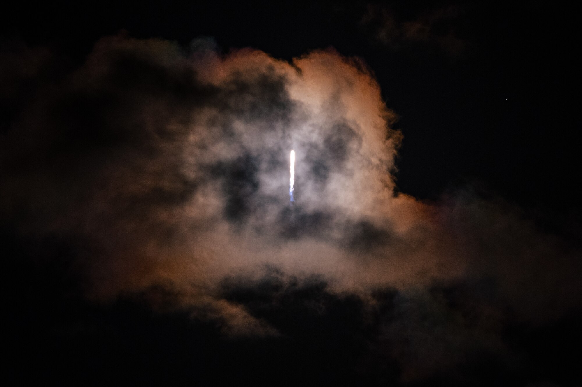 A Falcon 9 rocket launches Inspiration4 toward space Sept. 15, 2021, at Kennedy Space Center, Florida. Four private citizens were transported into orbit inside Space-X’s Dragon Resilience capsule. The crew, which is the first to be made up exclusively by private citizens, will orbit the Earth for three days. (U.S. Space Force photo by Airman 1st Class Thomas Sjoberg)