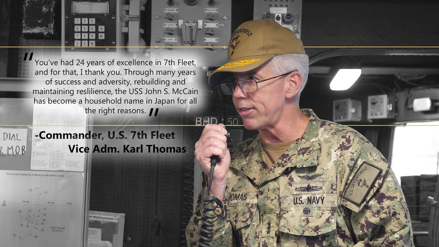 Commander, U.S. 7th Fleet Vice Adm. Karl Thomas speaks to Sailors over the ship's announcement system aboard the Arleigh Burke-class guided-missile destroyer USS John S. McCain (DDG 56) Sep. 1, 2021. Under Commander, U.S. Pacific Fleet, 7th Fleet is the U.S. Navy's largest forward-deployed numbered fleet, and routinely interacts and operates with 35 maritime nations in preserving a free and open Indo-Pacific region.