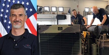 Alessandro Frugani, a production control supervisor at Logistics Readiness Center-Italy’s Installation Material Maintenance Activity, (left) inspects a tactical truck, which needs an engine replacement. Frugani, who has been working for LRC-Italy for about 1.5 years, is responsible for about 40 personnel to include a team of inspectors.