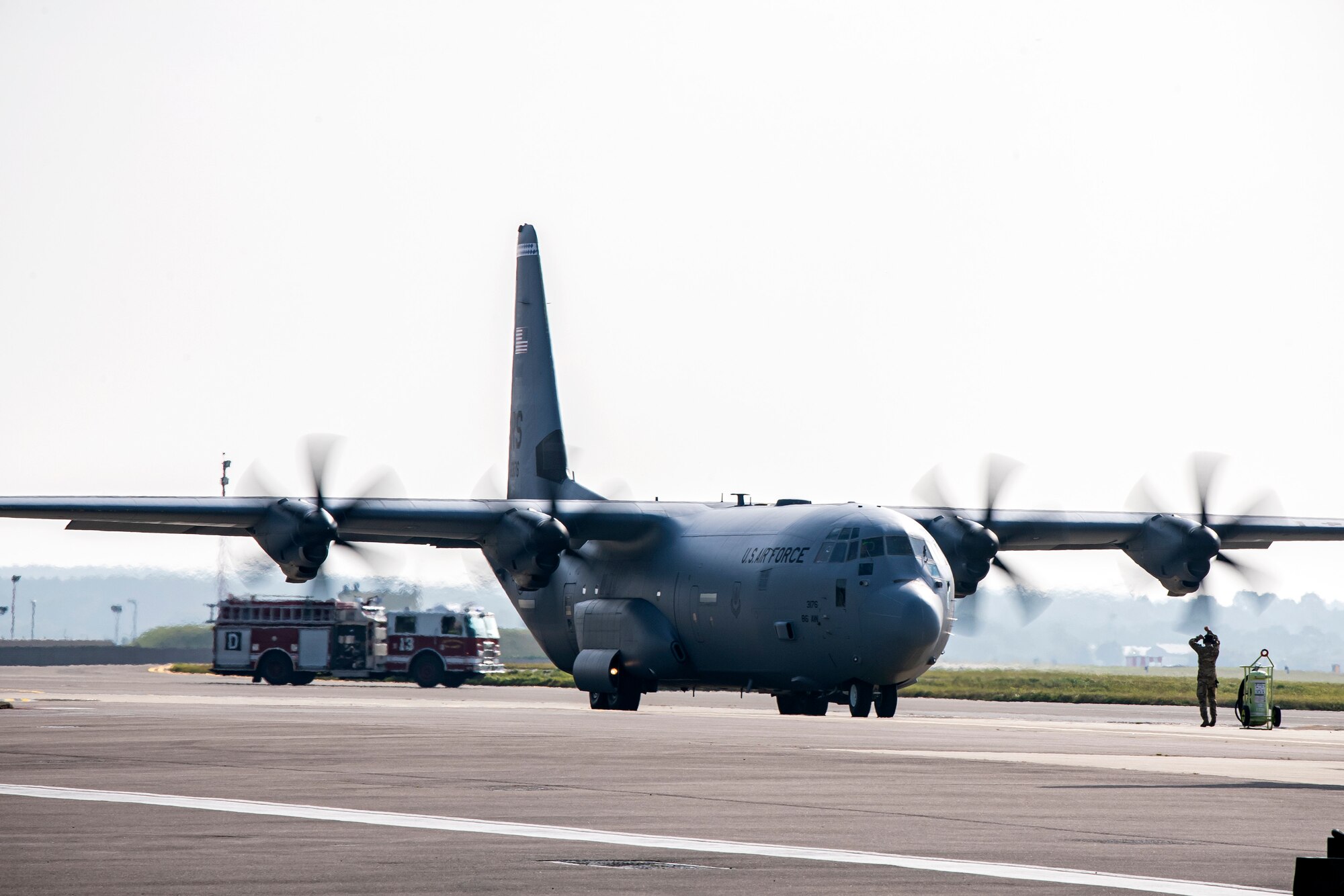 An HC-130J Combat King II taxis on the flightline at RAF Mildenhall, England, Sept. 16, 2021. Defenders from the 501st Combat Support Wing, 48th Fighter Wing and 100th Air Refueling Wing returned on the flight from Ramstein Air Force Base, Germany, after providing support for Operation Allies Refuge. (U.S. Air Force photo by Senior Airman Eugene Oliver)