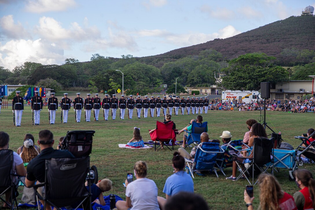 Marines with the Silent Drill Platoon execute their “long line” sequence during the Patriot’s Day Remembrance Ceremony at Marine Corps Base Hawaii, Sept. 11, 2021.