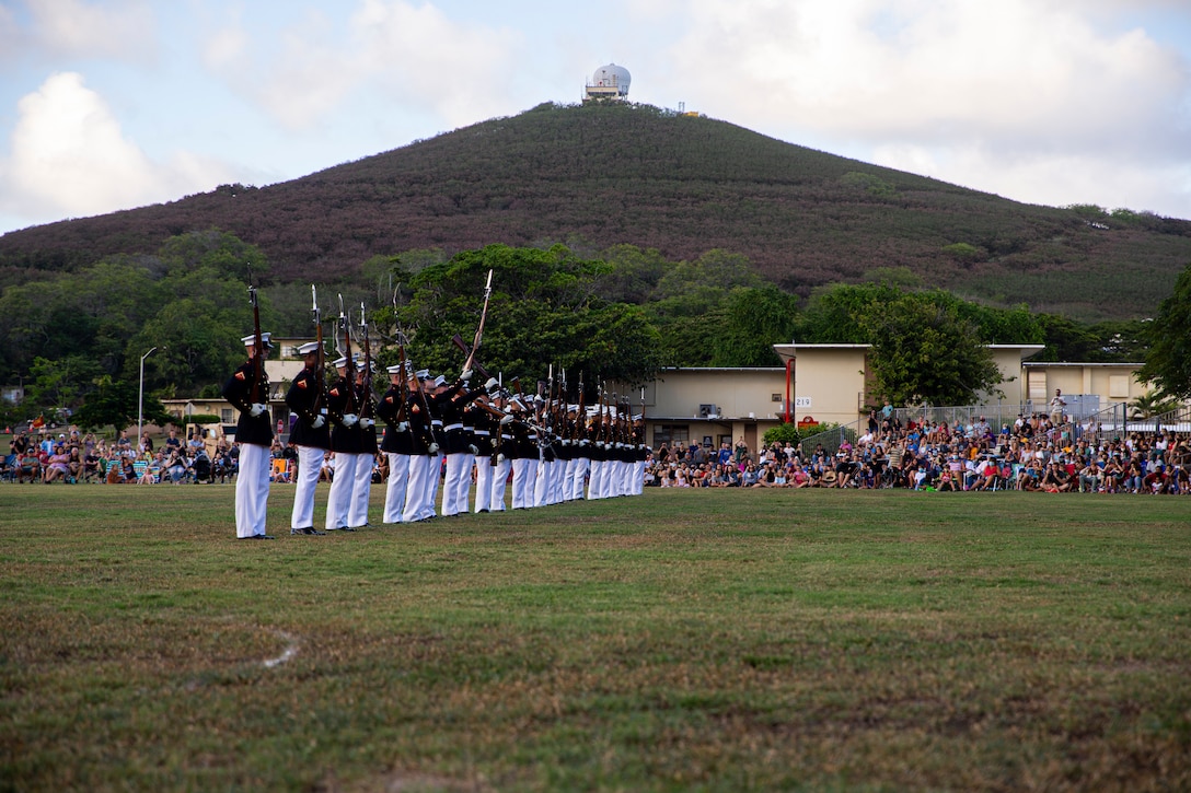 Marines with the Silent Drill Platoon execute their “long line” sequence during the Patriot’s Day Remembrance Ceremony at Marine Corps Base Hawaii, Sept. 11, 2021. The Patriot’s Day Ceremony is an all-day event that encourages reflection and recognition of the lives lost on September 11, 2001. (U.S. Marine Corps photo by Lance Cpl. Tanner D. Lambert)