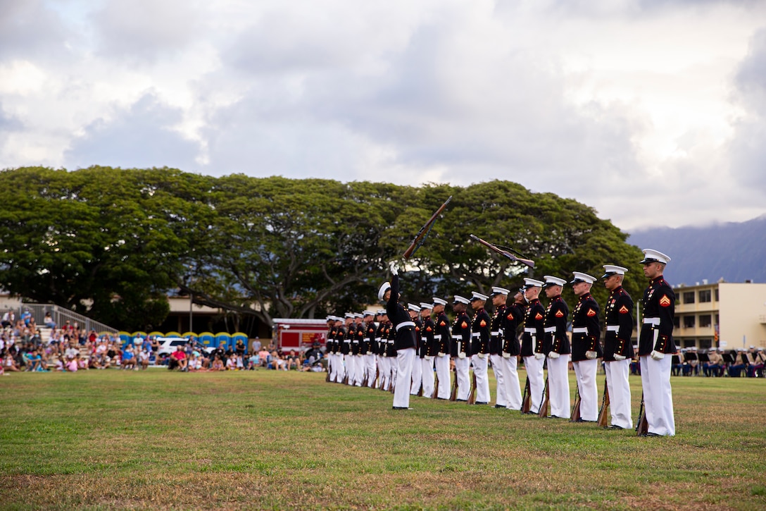 Marines with the Silent Drill Platoon execute their “rifle inspection” sequence during the Patriot’s Day Remembrance Ceremony at Marine Corps Base Hawaii, Sept. 11, 2021. The Patriot’s Day Ceremony is an all-day event that encourages reflection and recognition of the lives lost on September 11, 2001. (U.S. Marine Corps photo by Lance Cpl. Tanner D. Lambert)