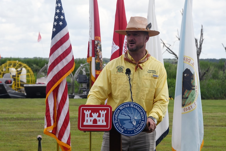 The U.S. Army Corps of Engineers Jacksonville District provides rides on an air boat after a ribbon-cutting event to commemorate the completion of the construction for the Kissimmee River Restoration Project July 29, 2021.