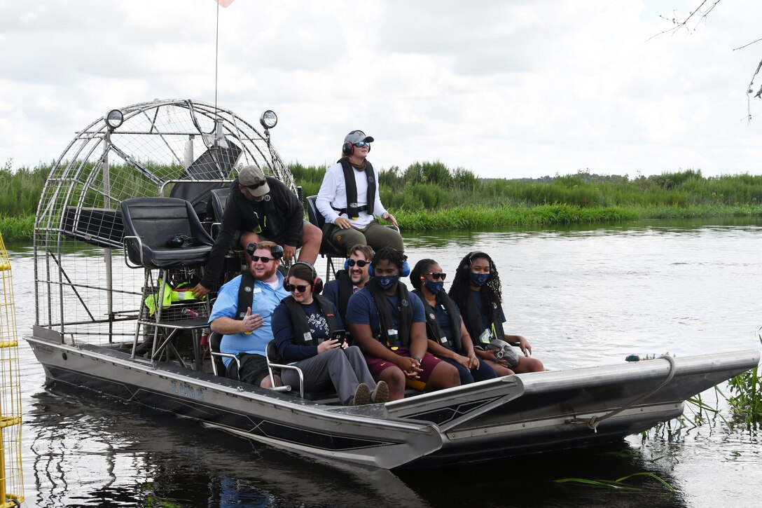 The U.S. Army Corps of Engineers Jacksonville District provides rides on an air boat after a ribbon-cutting event to commemorate the completion of the construction for the Kissimmee River Restoration Project July 29, 2021.