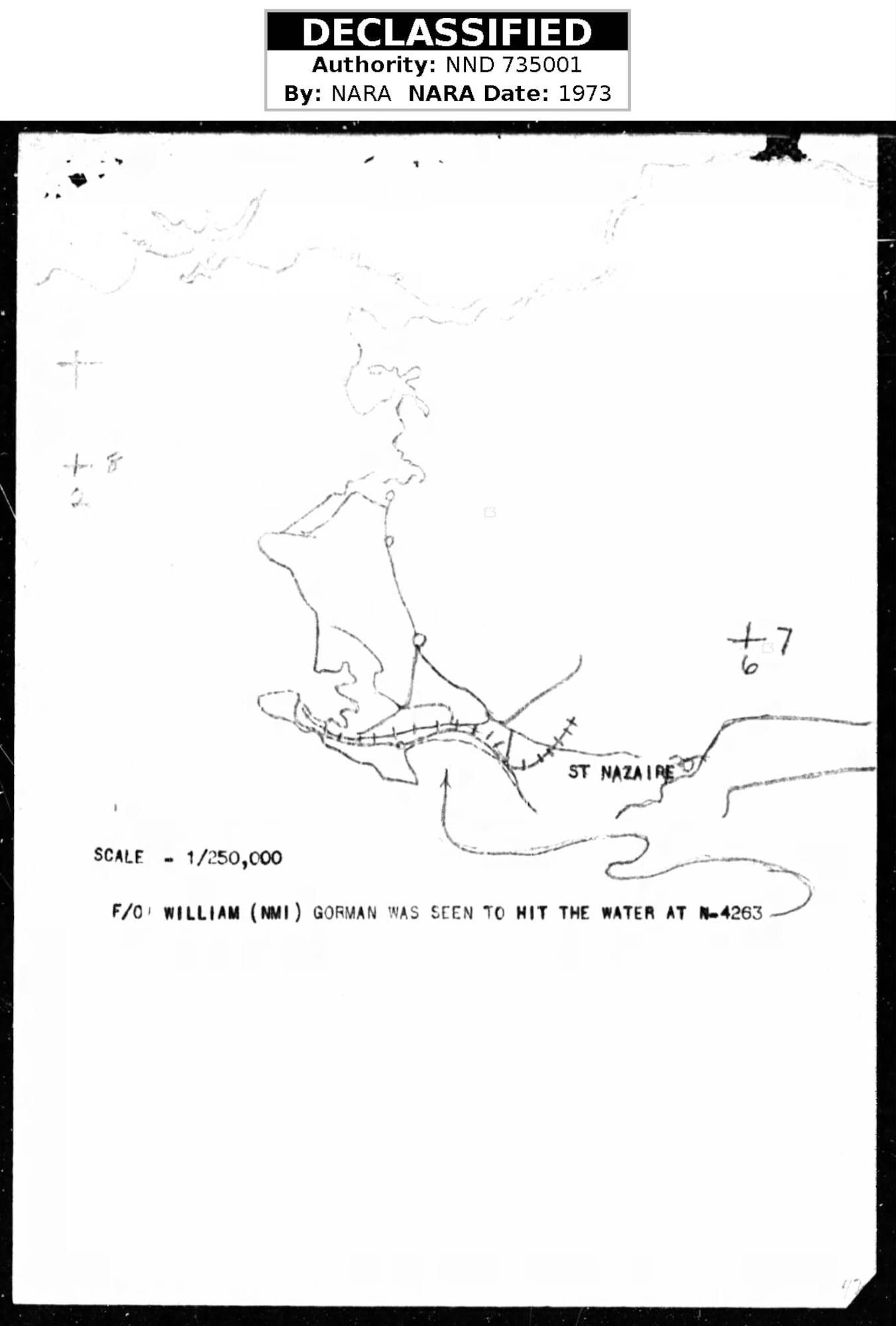 Map of loss location for F/O William Gorman, 405th Fighter Squadron, 7 August 1944 near St. Nazaire, France. (Missing Air Crew Report (MACR) 7646, via Fold3)