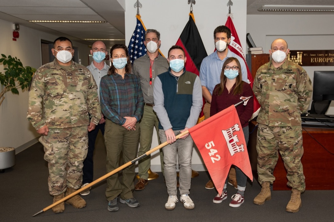 Members of the 542nd Engineer Detachment, Forward Engineer Support Team—Advanced (FEST-A), pose for a group photo at the U.S. Army Corps of Engineers Europe District headquarters in Wiesbaden, Germany, Apr. 8, 2021. U.S. Army photo by Alfredo Barraza