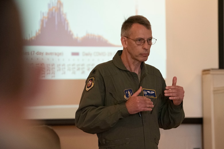 U.S. Air Force Lt. Col. Kevin Culbert, 167th Medical Group commander, communicates information about the COVID-19 vaccine to members of the 167th Airlift Wing during a COVID-19 vaccine information session at the 167th base auditorium, Martinsburg, West Virginia, Sept. 11, 2021. During the sessions, Culbert explained how the COVID-19 vaccine was developed, it’s effectiveness and possible side effects