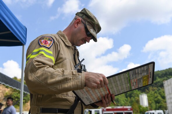 Technical Sgt. Robert Laidlow, 167th Fire and Emergency Services, monitors and keeps account of the firemen assigned to his team during collapsed structure training a part of Exercise Vigilant Guard 2021 August 27, 2021.