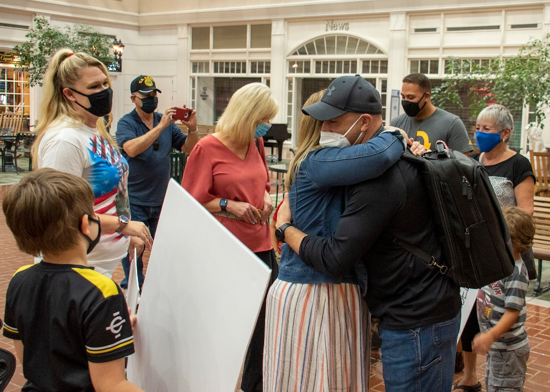 Sgt. 1st Class Carlos Colon, Jr, is surprised by friends and family, Sept. 15, at the Savannah Hilton Head International Airport following a 6-month deployment with the 542nd Engineer Detachment, Forward Engineer Support Team – Advance.