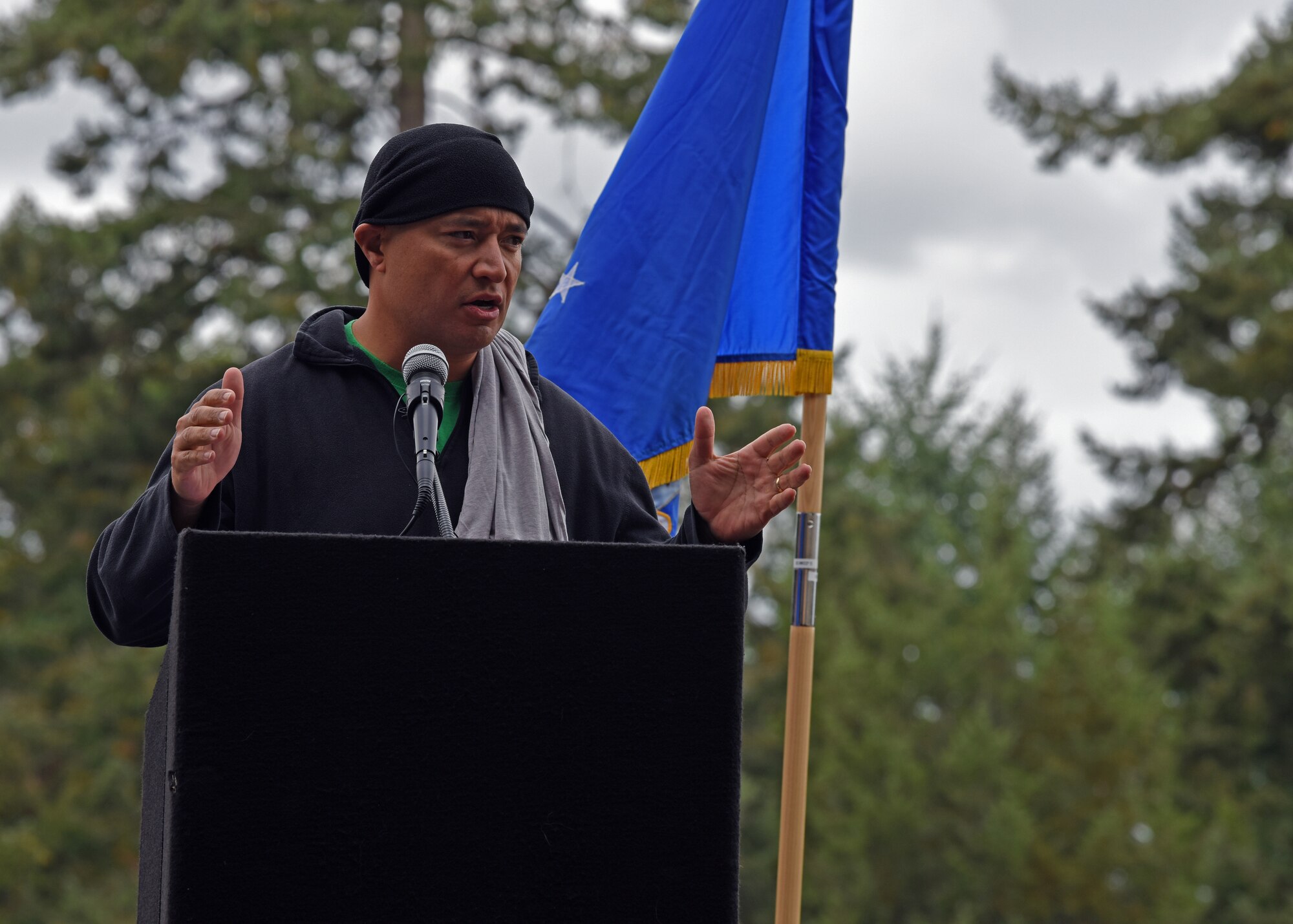 U.S. Air Force Chief Master Sgt. Joseph Arce, 62nd Airlift Wing command chief, gives opening remarks during the 24-hour POW/MIA Remembrance run at Joint Base Lewis-McChord, Washington, Sept. 15, 2021. Team McChord planned several events this week to honor the lives and sacrifices of those men and women who were prisoners of war or missing in action, including a Missing Man Table and Honors Ceremony, a community motorcycle ride and a wreath laying ceremony. (U.S. Air Force photo by Senior Airman Zoe Thacker)