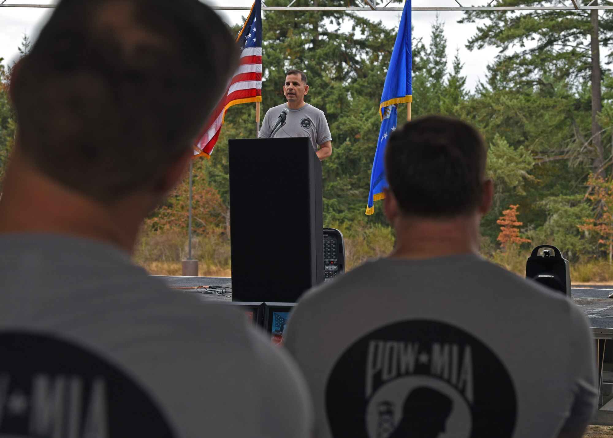 U.S. Air Force Col. Sergio Anaya, 62nd Operations Group commander, gives opening remarks during the 24-hour POW/MIA Remembrance run at Joint Base Lewis-McChord, Washington, Sept. 15, 2021. Team McChord planned several events this week to honor the lives and sacrifices of those men and women who were prisoners of war or missing in action, including a Missing Man Table and Honors Ceremony, a community motorcycle ride and a wreath laying ceremony. (U.S. Air Force photo by Senior Airman Zoe Thacker)
