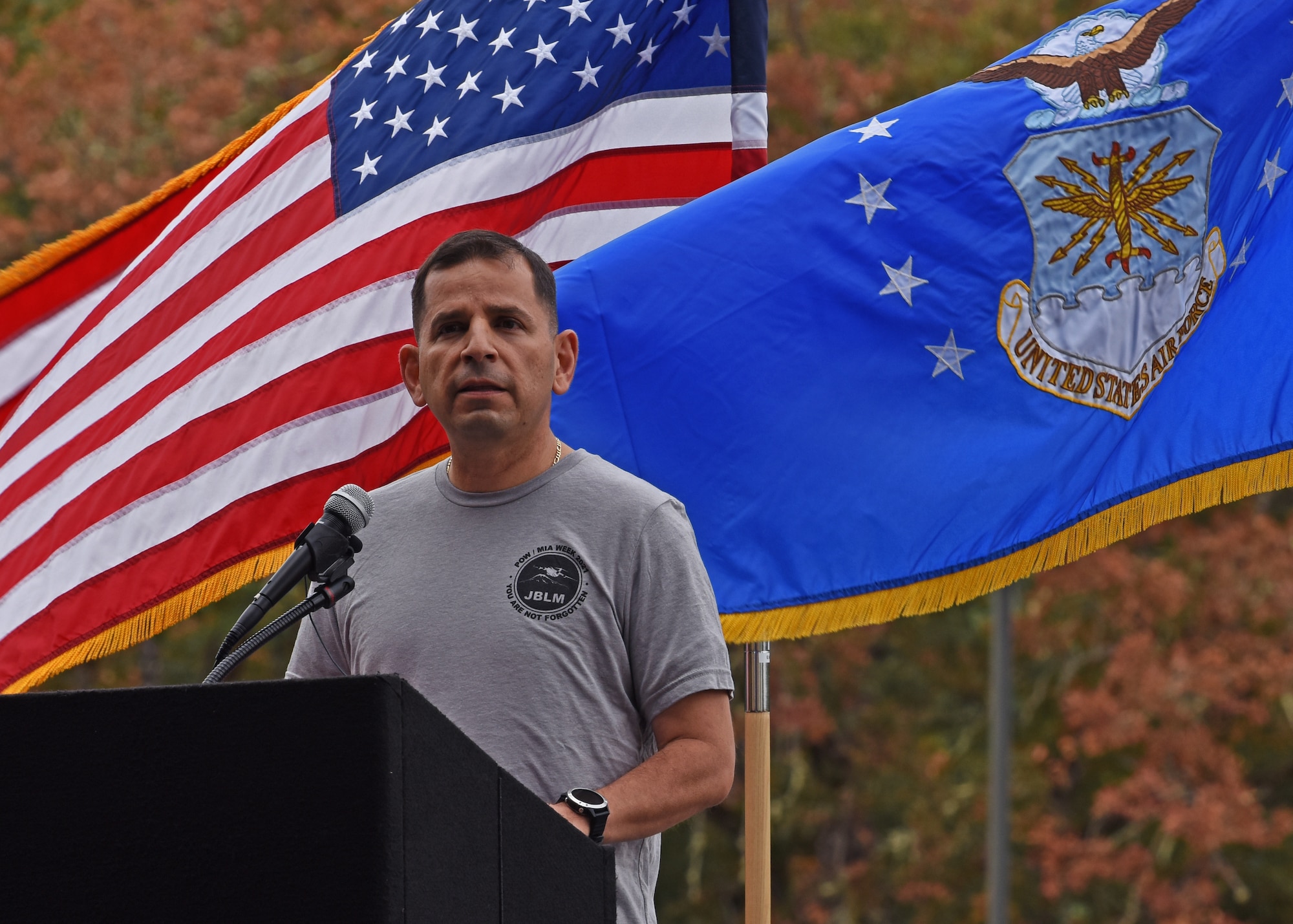 U.S. Air Force Col. Sergio Anaya, 62nd Operations Group commander, gives opening remarks during the 24-hour POW/MIA Remembrance run at Joint Base Lewis-McChord, Washington, Sept. 15, 2021. The run, in addition to the other scheduled events of the week, was to honor the more than 81,000 Americans who are still missing in action. (U.S. Air Force photo by Senior Airman Zoe Thacker)