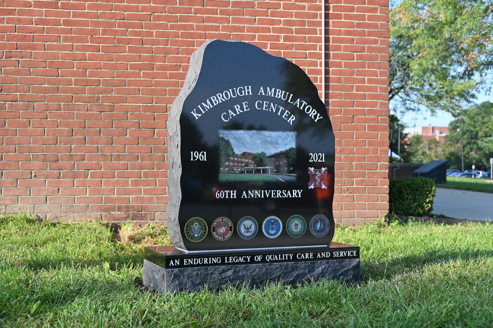 A commemorative stone sits near the Pharmacy entrance to Kimbrough Ambulatory Care Center after it was unveiled at the 60th anniversary ceremony held at the facility’s main entrance, Sept. 14, 2021.