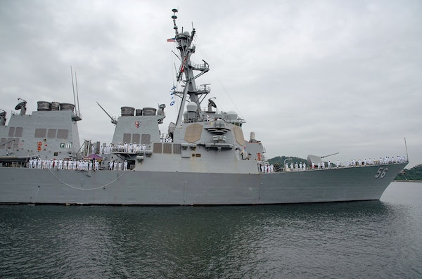 USS John S. McCain (DDG 56) departs Commander Fleet Activities Yokosuka (CFAY) while shifting its homeport to Naval Station Everett, Washington.