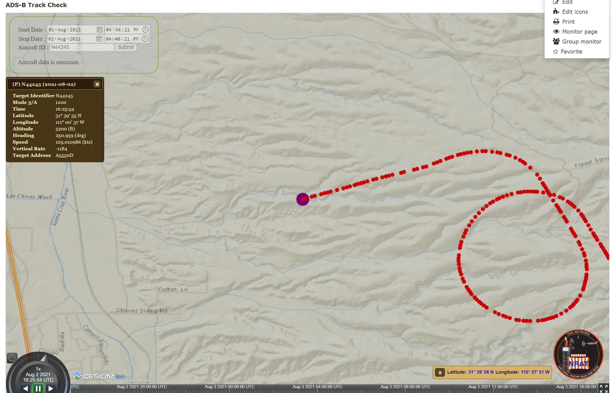 Screenshot from computer showing aircraft flight path