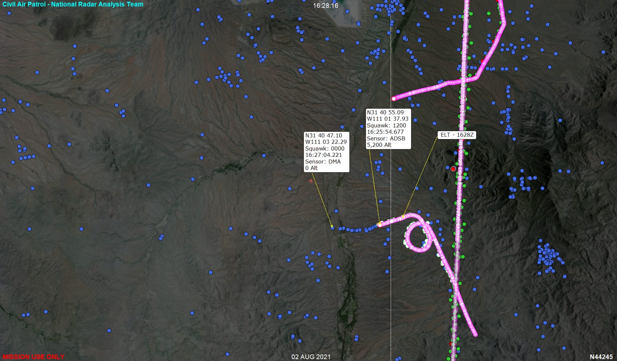 Screenshot from computer showing aircraft flight path