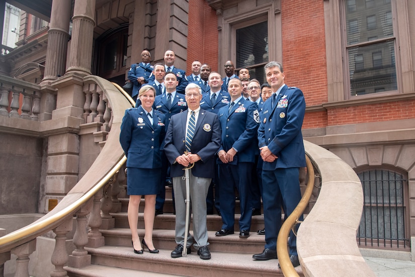 More than a dozen 111th Attack Wing members stationed at Biddle Air National Guard Base in Horsham, Pennsylvania, represented the Pennsylvania Air National Guard during a 74th U.S. Air Force birthday celebration hosted by the Armed Services Council of the Union League of Philadelphia, Sept. 15, 2021. U.S. Air Force Maj. Gen. Randolph J. Staudenraus (right front), Director, Strategy, Policy, Plans and International Affairs (J-5), National Guard Bureau, the Pentagon, Washington, D.C., served as the keynote speaker, and retired Army Maj. Gen. Wesley E. Craig Jr (front center), Armed Services Council of the Union League of Philadelphia Chairman, presided over the event.