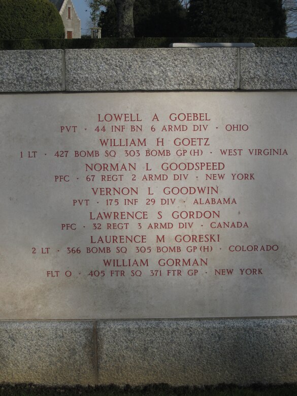 F/O William Gorman’s name is inscribed on the Tablets of the Missing at the Brittany American Cemetery near St. James, France. (Find-A-Grave)