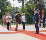 Brig. Gen. Gregory Knight, Vermont adjutant general, presents North Macedonia Defense Minister Radmila Shekerinska a Vermont Distinguished Service Medal at the Ministry of Defense in Skopje, North Macedonia, Aug. 18, 2021. Shekerinska received the award for being an outstanding and vital colleague for the State Partnership Program with the Vermont National Guard. (U.S. Army photo by Sgt. 1st Class Jason Alvarez)