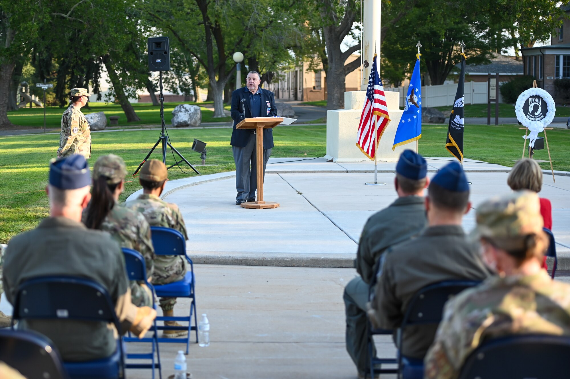 Former prisoner of war and retired Air Force Capt. William Robinson speaks during the POW/MIA ceremony Sept. 17, 2021, at Hill Air Force Base, Utah. Robinson, who was a POW for nearly eight years before being released, was the featured speaker. (U.S. Air Force photo by Cynthia Griggs)