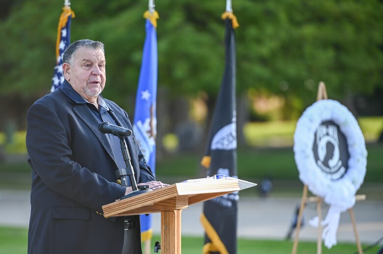 Former prisoner of war and retired Air Force Capt. William Robinson speaks during the POW/MIA ceremony Sept. 17, 2021, at Hill Air Force Base, Utah. Robinson, who was a POW for nearly eight years before being released, was the featured speaker. (U.S. Air Force photo by Cynthia Griggs)