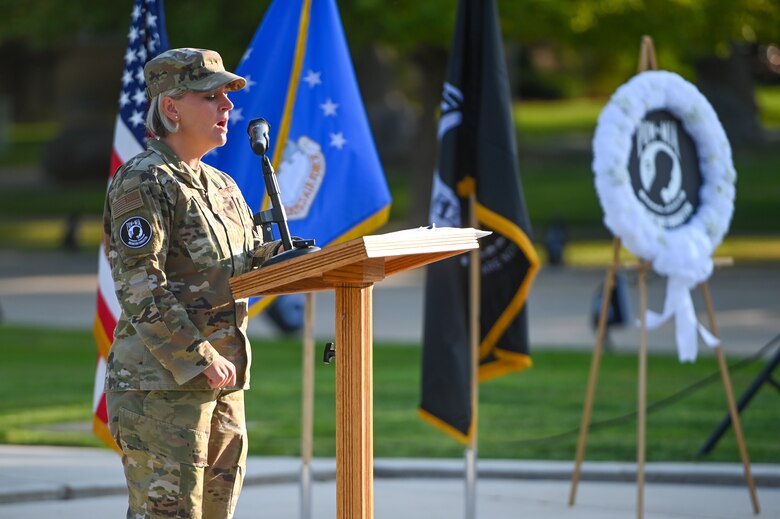 Senior Master Sgt. Kara West sings "Amazing Grace" during the POW/MIA ceremony Sept. 17, 2021, at Hill Air Force Base, Utah. The ceremony served to remember and honor those Americans who were prisoners of war and those who served and never returned home. (U.S. Air Force photo by Cynthia Griggs)