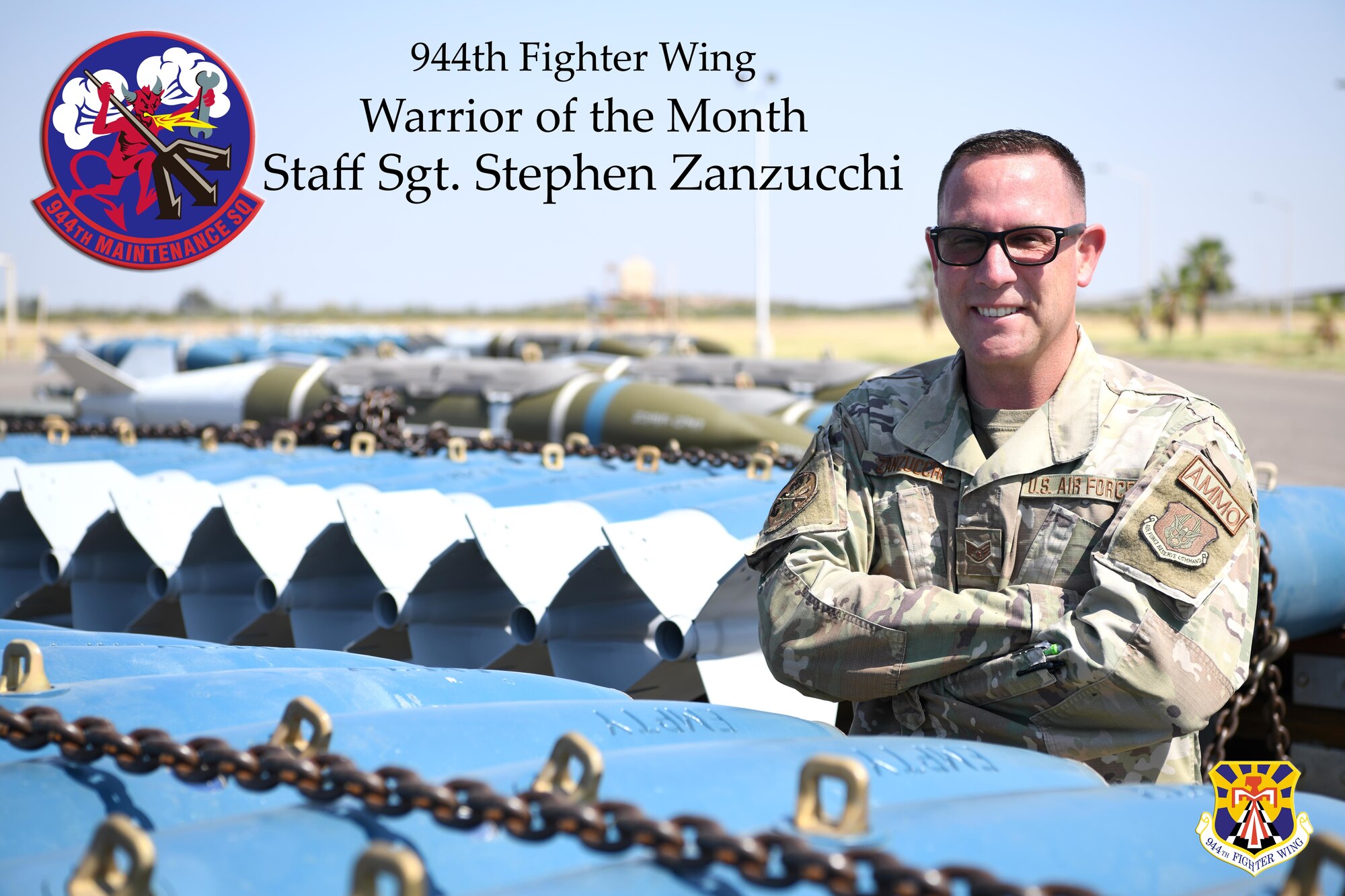 Reserve Citizen Airman Staff Sgt. Stephen Zanzucchi, 944th Maintenance Squadron Munitions Support Equipment Maintenance crew chief, poses for a photo at Luke Air Force Base, Arizona, September 16, 2021. Zanzucchi was an elementary school teacher for eight years and enjoys writing children’s books as a hobby. (U.S. Air Force photo/Tech. Sgt. Courtney Richardson)
