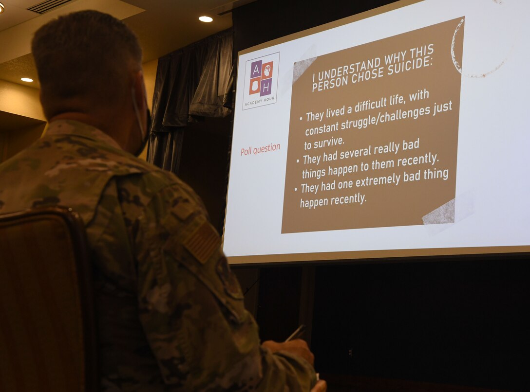 U.S. Air Force Chaplain (Col.) David Carr, 81st Training Wing chaplain, attends the Suicide Explained & Suicide Intervention training inside the Bay Breeze Event Center at Keesler Air Force Base, Mississippi, Sept. 17, 2021. With suicide being the leading cause of death in the Air Force, the presentation focus was to provide skill based training in primary prevention for personnel at Keesler. (U.S. Air Force photo by Kemberly Groue)