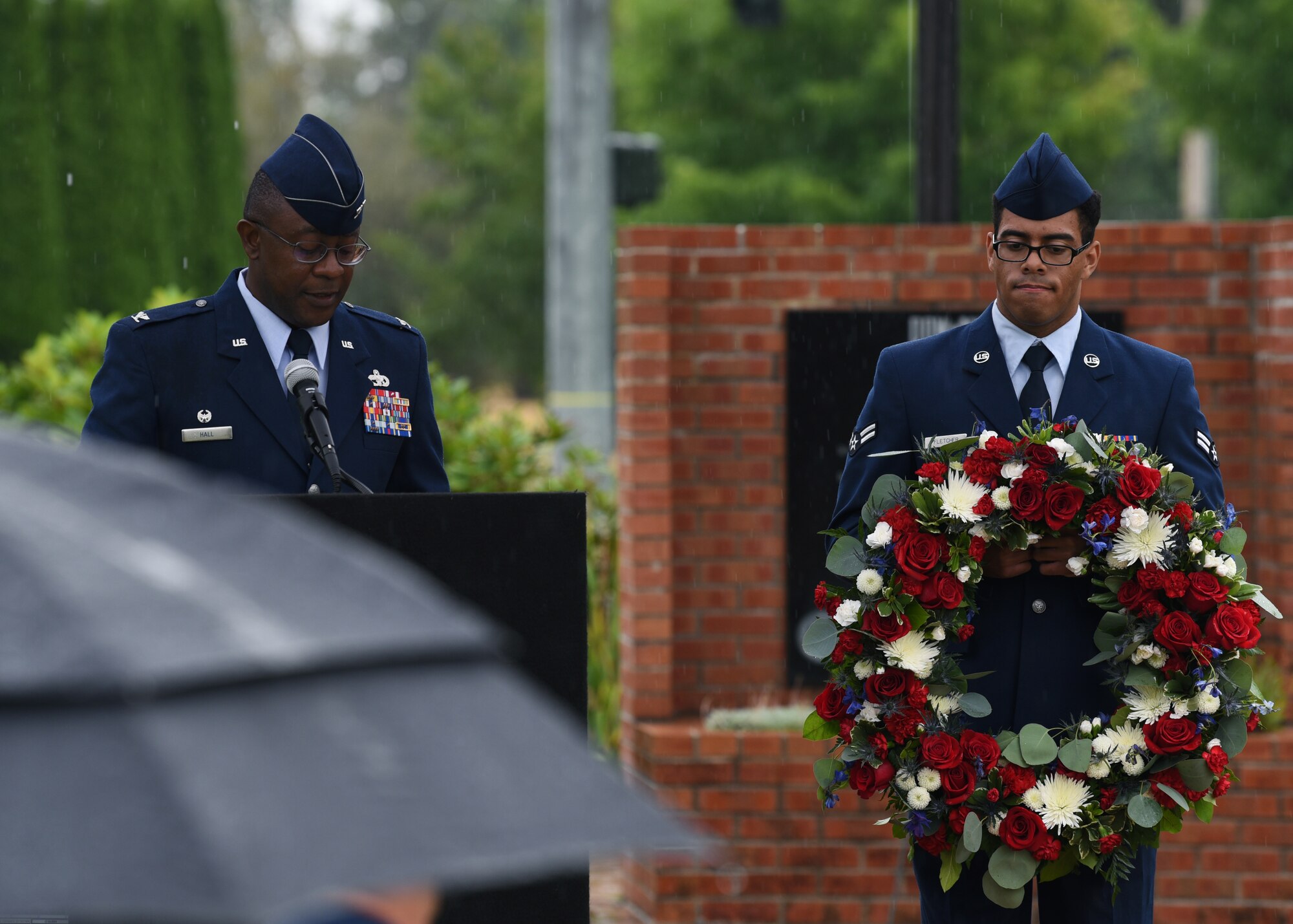 U.S. Air Force Col. Christopher Hall, 627th Air Base Group commander, gives opening remarks during a wreath-laying ceremony at the McChord War Memorial at Joint Base Lewis-McChord, Washington, Sept. 17, 2021. Team McChord Airmen gathered at the memorial for the POW/MIA wreath-laying ceremony to pay their respects to the more than 81,000 American heroes who were, and may still be, missing in action and those who were prisoners of war. (U.S. Air Force photo by Senior Airman Zoe Thacker)