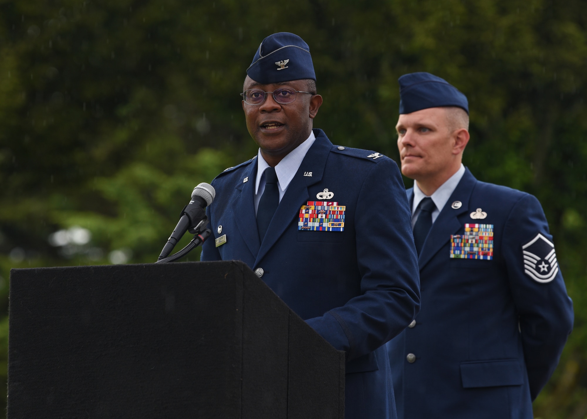 U.S. Air Force Col. Christopher Hall, 627th Air Base Group commander, gives opening remarks during a wreath-laying ceremony at the McChord War Memorial at Joint Base Lewis-McChord, Washington, Sept. 17, 2021. Team McChord Airmen gathered at the memorial for the POW/MIA wreath-laying ceremony to pay their respects to the more than 81,000 American heroes who were, and may still be, missing in action and those who were prisoners of war. (U.S. Air Force photo by Senior Airman Zoe Thacker)