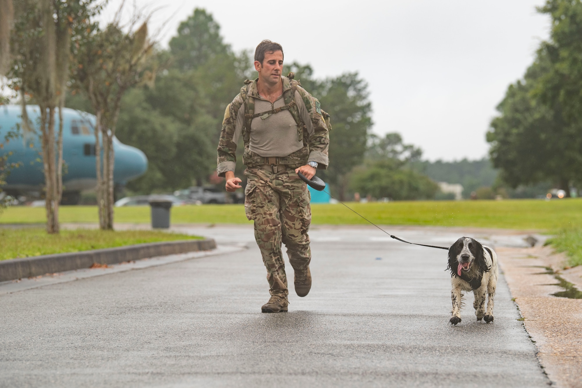 Man and dog run.