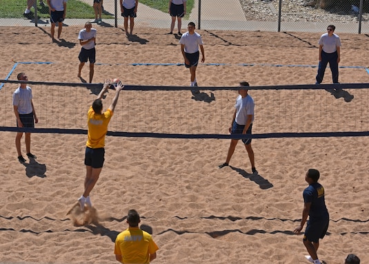 Airmen play volleyball during Wing Sports Day on Goodfellow Air Force Base, Texas, Sept. 17, 2021. Teams competed to earn points for their units in an attempt to win the bracket. (U.S. Air Force photo by Senior Airman Ashley Thrash)