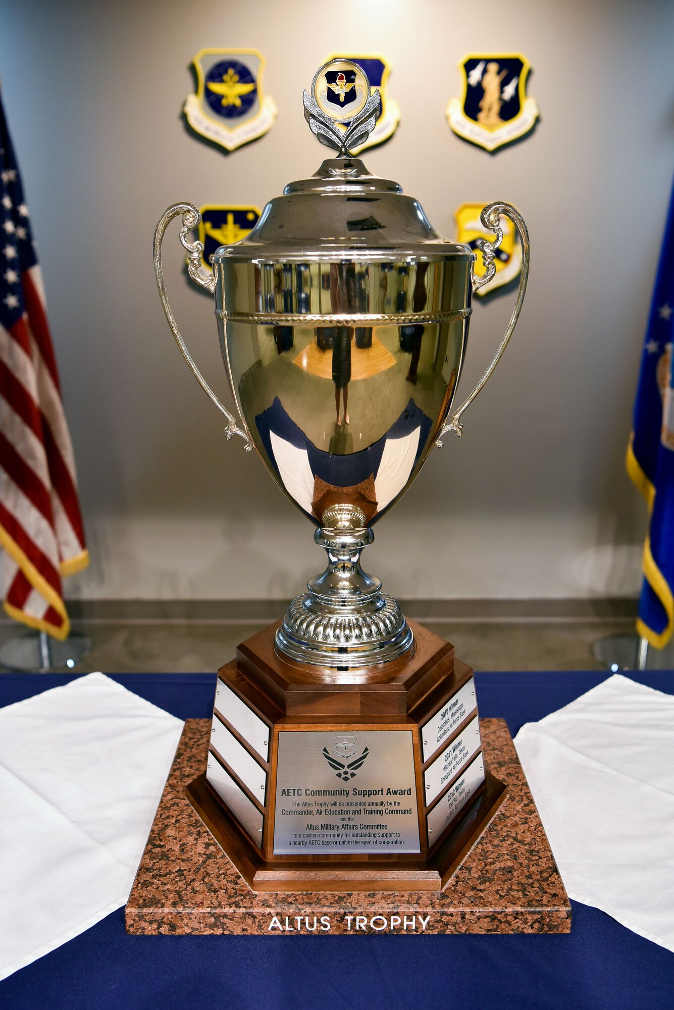 A trophy sits on display