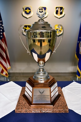 A trophy sits on display